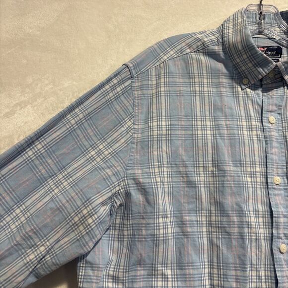 Vineyard Vines Classic Fit Murray Shirt Men's Large Linen Blend Blue Pink Plaid - Picture 3 of 16